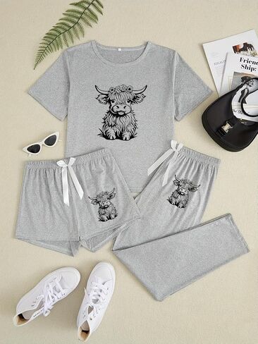 Tenna Teki Western Highland Cow Print Pajama ثلاث قطع مجموعة للنساء in Kuwait