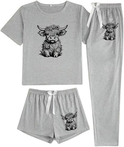 Tenna Teki Western Highland Cow Print Pajama ثلاث قطع مجموعة للنساء in Kuwait