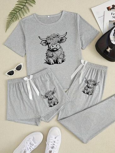 Tenna Teki Western Highland Cow Print Pajama ثلاث قطع مجموعة للنساء in Kuwait