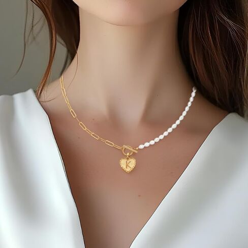 Gold Initial Pearl Necklace for Women, 18K Gold Plated Paperclip Chain Necklace Necklace OT Clasp Necklace Delicate Pearl Chain Necklace Initial Pendant Necklace Women's Gold Jewelry in Kuwait