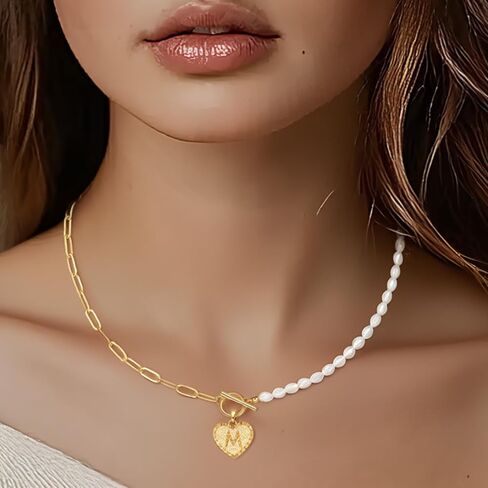 Gold Initial Pearl Necklace for Women, 18K Gold Plated Paperclip Chain Necklace Necklace OT Clasp Necklace Delicate Pearl Chain Necklace Initial Pendant Necklace Women's Gold Jewelry in Kuwait