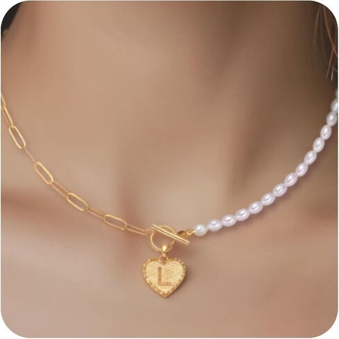 Gold Initial Pearl Necklace for Women, 18K Gold Plated Paperclip Chain Necklace Necklace OT Clasp Necklace Delicate Pearl Chain Necklace Initial Pendant Necklace Women's Gold Jewelry in Kuwait