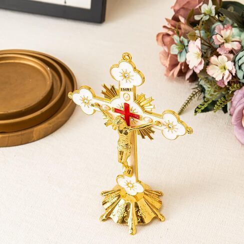 Calculs Metal Jesus Crucifix Table Cross - Catholic Table Cross With Stand For Christian Prayers Jerusalem Home Decor 8" Gold in Saudi Arabia
