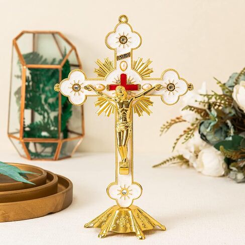 Calculs Metal Jesus Crucifix Table Cross - Catholic Table Cross With Stand For Christian Prayers Jerusalem Home Decor 8" Gold in Saudi Arabia