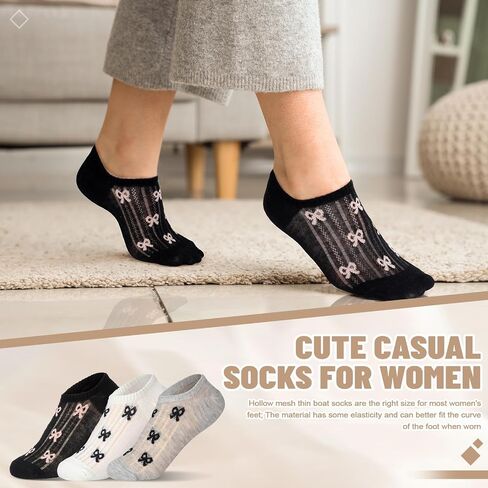 6 Pairs No Show Bow Socks Women Knit Coquette Cotton Breathable Ballet Style Cute Casual Hollow Mesh Socks for Women Low Cut Invisible Liner in Saudi Arabia