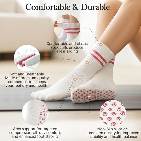 American Trends Cute Pilates Socks for Women Striped Yoga Non Slip Gripped Socks for Gym Workout in Saudi Arabia