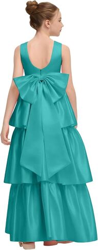 Satin Crewneck Flower Girl Dress with Bow-Knot Layers A Line Birthday Party Dresses for Girls Maxi Prom Ball Gowns in Kuwait