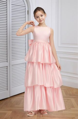 Satin Crewneck Flower Girl Dress with Bow-Knot Layers A Line Birthday Party Dresses for Girls Maxi Prom Ball Gowns in Kuwait
