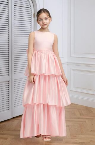 Satin Crewneck Flower Girl Dress with Bow-Knot Layers A Line Birthday Party Dresses for Girls Maxi Prom Ball Gowns in Kuwait