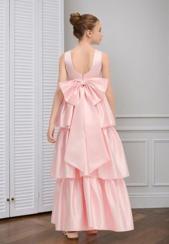 Satin Crewneck Flower Girl Dress with Bow-Knot Layers A Line Birthday Party Dresses for Girls Maxi Prom Ball Gowns in Kuwait