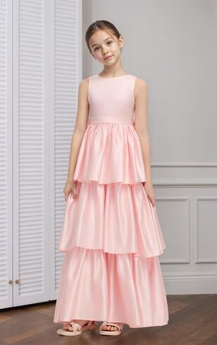 Satin Crewneck Flower Girl Dress with Bow-Knot Layers A Line Birthday Party Dresses for Girls Maxi Prom Ball Gowns in Kuwait