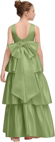Satin Crewneck Flower Girl Dress with Bow-Knot Layers A Line Birthday Party Dresses for Girls Maxi Prom Ball Gowns in Kuwait