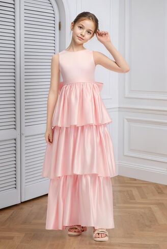 Satin Crewneck Flower Girl Dress with Bow-Knot Layers A Line Birthday Party Dresses for Girls Maxi Prom Ball Gowns in Kuwait