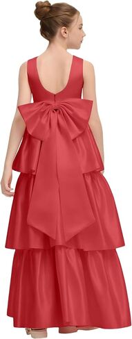 Satin Crewneck Flower Girl Dress with Bow-Knot Layers A Line Birthday Party Dresses for Girls Maxi Prom Ball Gowns in Kuwait