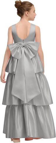Satin Crewneck Flower Girl Dress with Bow-Knot Layers A Line Birthday Party Dresses for Girls Maxi Prom Ball Gowns in Kuwait