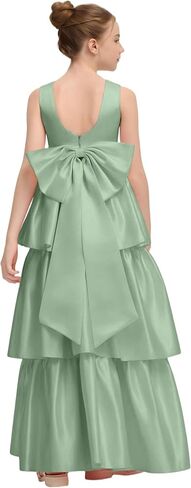 Satin Crewneck Flower Girl Dress with Bow-Knot Layers A Line Birthday Party Dresses for Girls Maxi Prom Ball Gowns in Kuwait