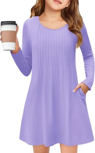 Haloumoning Girls Long Sleeve Pleated Dress Kids Casual Crewneck Loose Fall Dresses with Pockets 5-14 Years in Kuwait