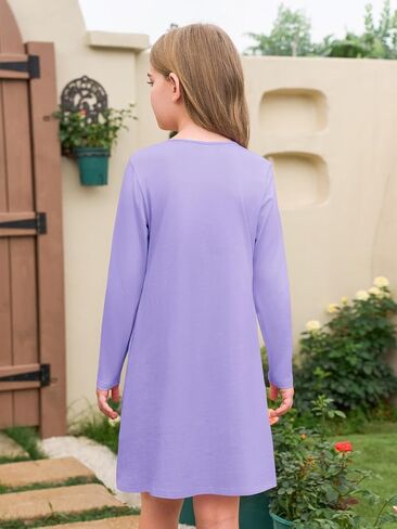 Haloumoning Girls Long Sleeve Pleated Dress Kids Casual Crewneck Loose Fall Dresses with Pockets 5-14 Years in Kuwait