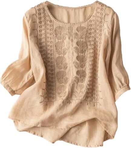 Women's O-Neck Chinese Style Embroidered Casual Shirt Loose Cotton and Linen Top in Saudi Arabia