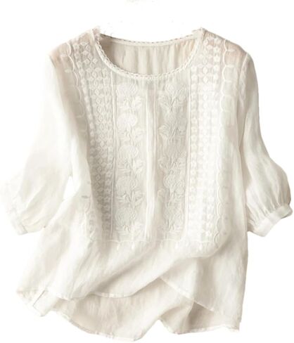 Women's O-Neck Chinese Style Embroidered Casual Shirt Loose Cotton and Linen Top in Saudi Arabia