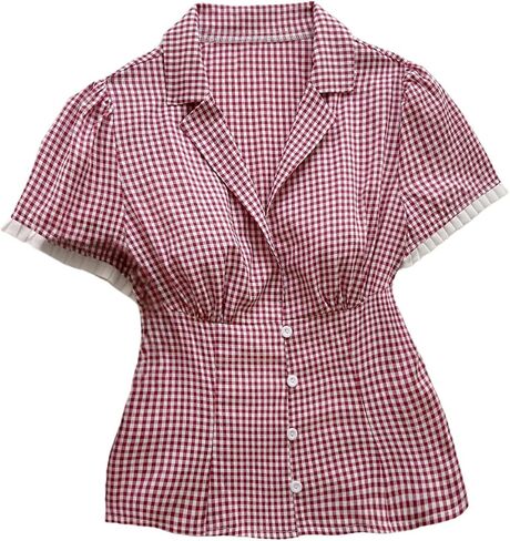 Makemechic Women's Gingham Tops Puff Sleeve Button Blouses Summer Collared Tee Shirt Y2K Babydoll Top in Saudi Arabia