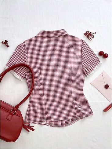 Makemechic Women's Gingham Tops Puff Sleeve Button Blouses Summer Collared Tee Shirt Y2K Babydoll Top in Saudi Arabia