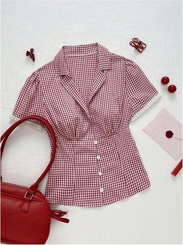 Makemechic Women's Gingham Tops Puff Sleeve Button Blouses Summer Collared Tee Shirt Y2K Babydoll Top in Saudi Arabia