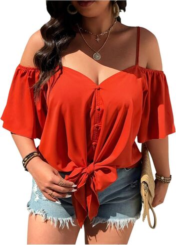 Floerns Women's Plus Size Cond Counder Short Sleeve Blouse V Beck Button Tie Top Pront Top in Saudi Arabia