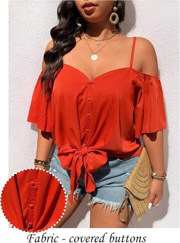 Floerns Women's Plus Size Cond Counder Short Sleeve Blouse V Beck Button Tie Top Pront Top in Saudi Arabia