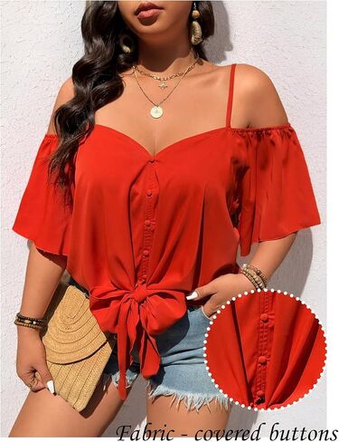 Floerns Women's Plus Size Cond Counder Short Sleeve Blouse V Beck Button Tie Top Pront Top in Saudi Arabia