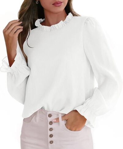 CFLONGE Women's Blouse Ruffle Long Sleeve Tops for Women Trendy 2025 Fall Fashion Shirts Business Work Tunic Going Out Tops in Kuwait