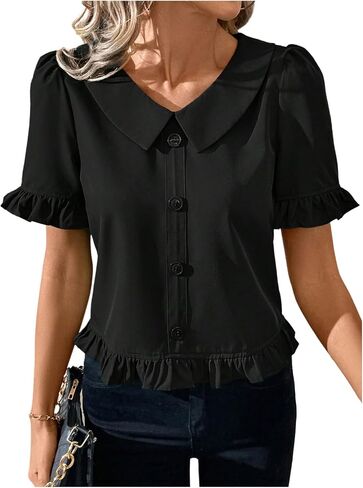 SweatyRocks Women's Ruffle Short Sleeve Button Front Blouse V Neck Collar Business Shirt in Saudi Arabia