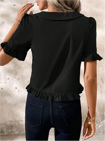 SweatyRocks Women's Ruffle Short Sleeve Button Front Blouse V Neck Collar Business Shirt in Saudi Arabia