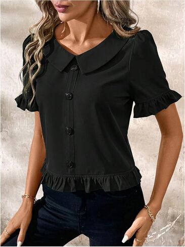 SweatyRocks Women's Ruffle Short Sleeve Button Front Blouse V Neck Collar Business Shirt in Saudi Arabia