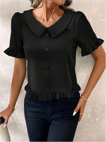 SweatyRocks Women's Ruffle Short Sleeve Button Front Blouse V Neck Collar Business Shirt in Saudi Arabia