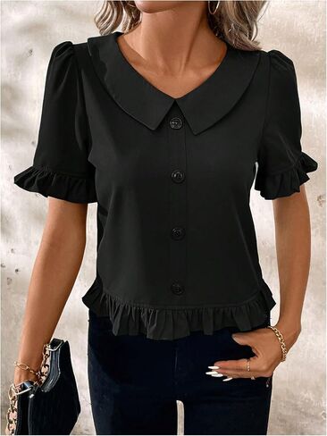 SweatyRocks Women's Ruffle Short Sleeve Button Front Blouse V Neck Collar Business Shirt in Saudi Arabia