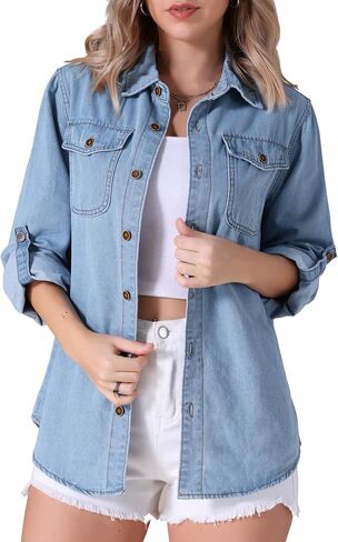 Women's Denim Shirt Button Down Long Sleeve Pockets Jean Jackets Casual Western Jean Shirts in Saudi Arabia