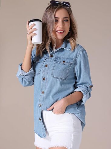 Women's Denim Shirt Button Down Long Sleeve Pockets Jean Jackets Casual Western Jean Shirts in Saudi Arabia