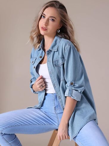 Women's Denim Shirt Button Down Long Sleeve Pockets Jean Jackets Casual Western Jean Shirts in Saudi Arabia