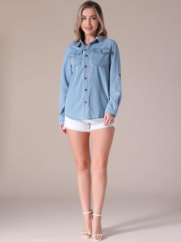 Women's Denim Shirt Button Down Long Sleeve Pockets Jean Jackets Casual Western Jean Shirts in Saudi Arabia