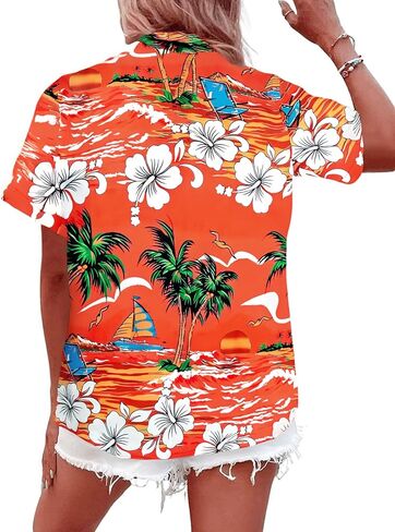قمصان هاواي للنساء هاواي الزر الاستوائي لأسفل قمم الصيف شاطئ العطلات ملابس الأزهار القصيرة الأكمام بلوزات in Kuwait