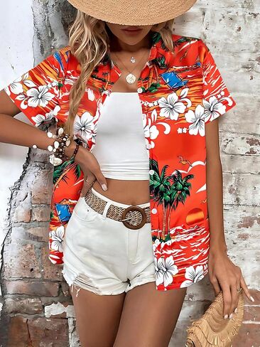 قمصان هاواي للنساء هاواي الزر الاستوائي لأسفل قمم الصيف شاطئ العطلات ملابس الأزهار القصيرة الأكمام بلوزات in Kuwait