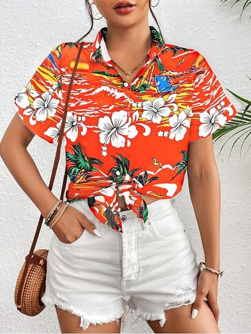 قمصان هاواي للنساء هاواي الزر الاستوائي لأسفل قمم الصيف شاطئ العطلات ملابس الأزهار القصيرة الأكمام بلوزات in Kuwait