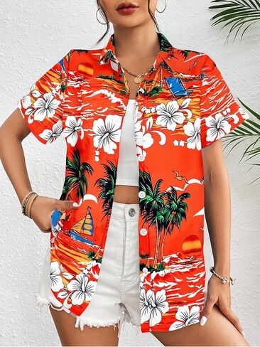 قمصان هاواي للنساء هاواي الزر الاستوائي لأسفل قمم الصيف شاطئ العطلات ملابس الأزهار القصيرة الأكمام بلوزات in Kuwait