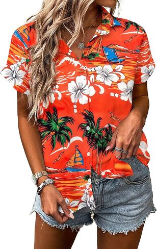 قمصان هاواي للنساء هاواي الزر الاستوائي لأسفل قمم الصيف شاطئ العطلات ملابس الأزهار القصيرة الأكمام بلوزات in Kuwait