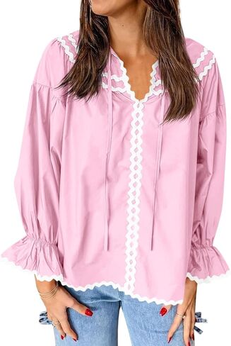 Cicy Bell Womens Ruffle Puff Sleeve Blouse V Neck Trim Shirts Trendy Casual Loose Fit Tops in Saudi Arabia