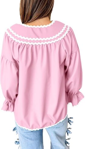 Cicy Bell Womens Ruffle Puff Sleeve Blouse V Neck Trim Shirts Trendy Casual Loose Fit Tops in Saudi Arabia