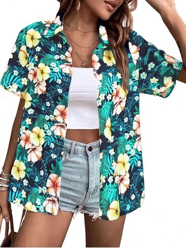Hawaiian Shirts for Women Hawaii Tropical Button Down Tops Summer Beach Vacation Outfits Floral Short Sleeve Blouses in Kuwait