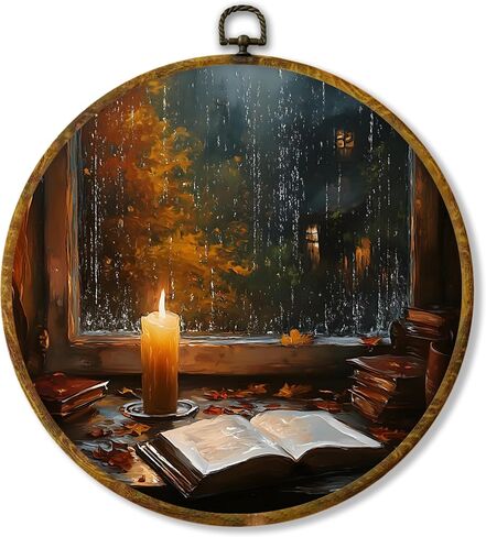 Hiuwevt Vintage Moody Fall Rainy Round Wall Art Decor ، طباعة قماشية في الخريف ، الأوساط الأكاديمية الداكنة جدار جدار معلق للمنزل غرفة نوم القراءة ديكورات مكتبة غرفة ، 10 × 10 بوصات in Kuwait