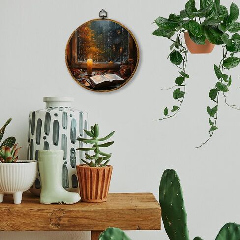 Hiuwevt Vintage Moody Fall Rainy Round Wall Art Decor ، طباعة قماشية في الخريف ، الأوساط الأكاديمية الداكنة جدار جدار معلق للمنزل غرفة نوم القراءة ديكورات مكتبة غرفة ، 10 × 10 بوصات in Kuwait